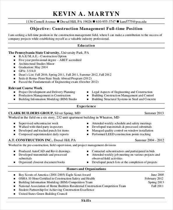Construction Project Manager Resume Skills