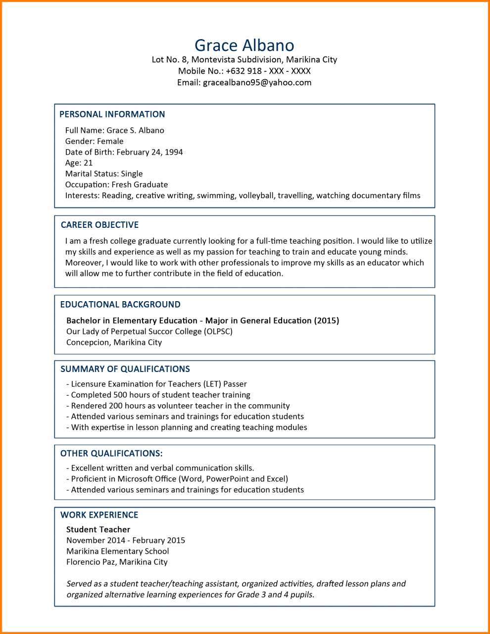 Example Resume For Fresh Graduates With No Experience