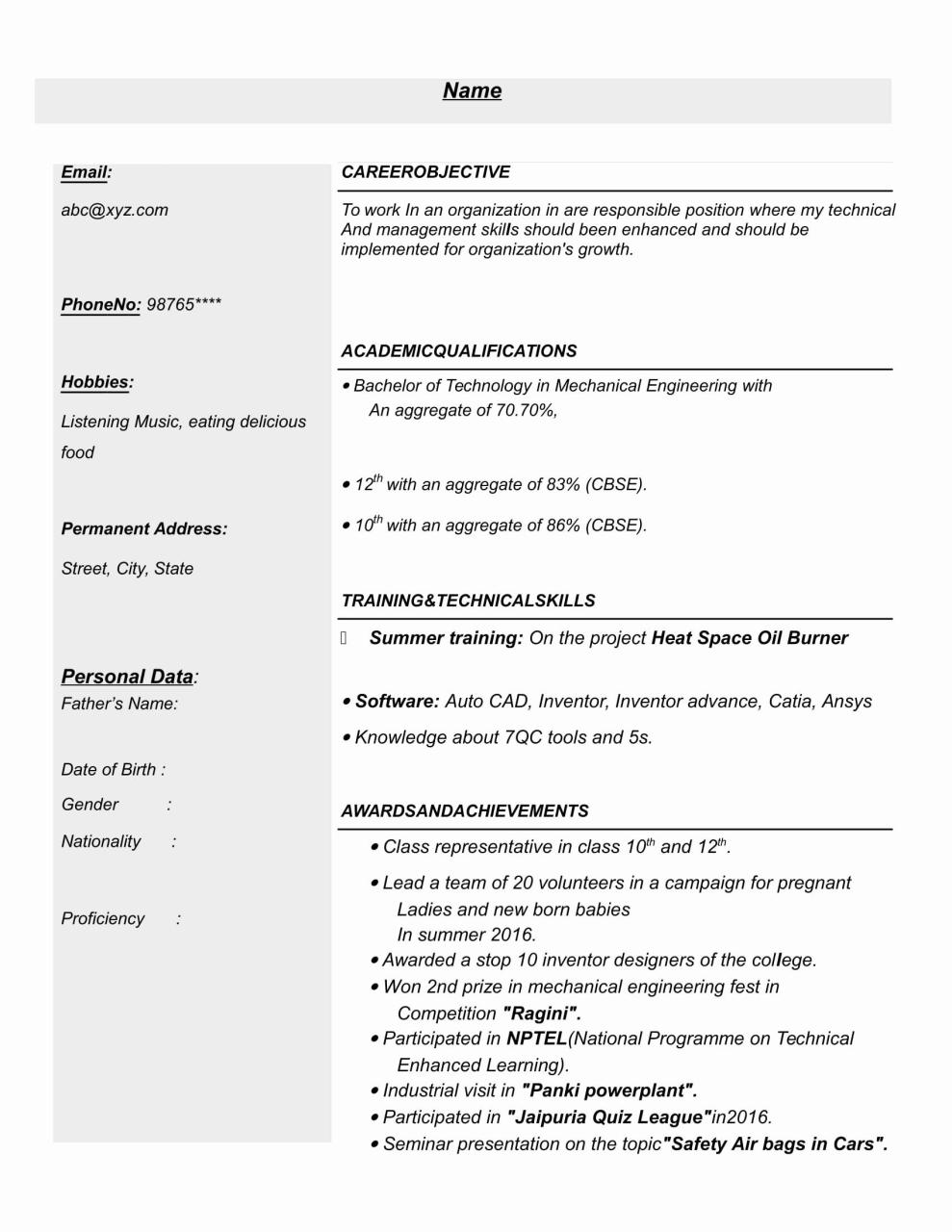 Best Resume Format For Mechanical Engineering Freshers