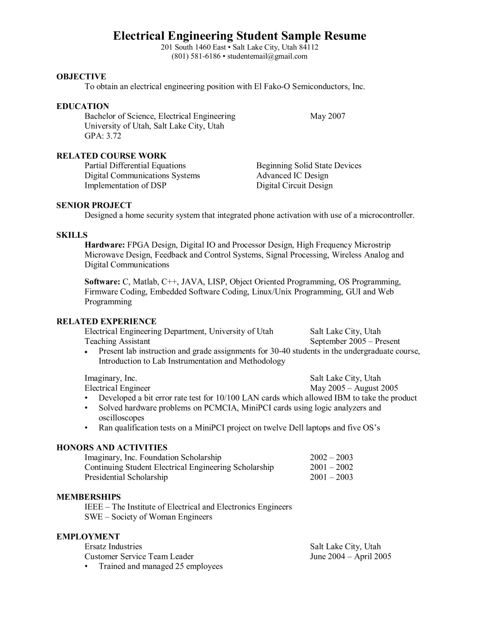 Resume Examples For Engineering Freshers