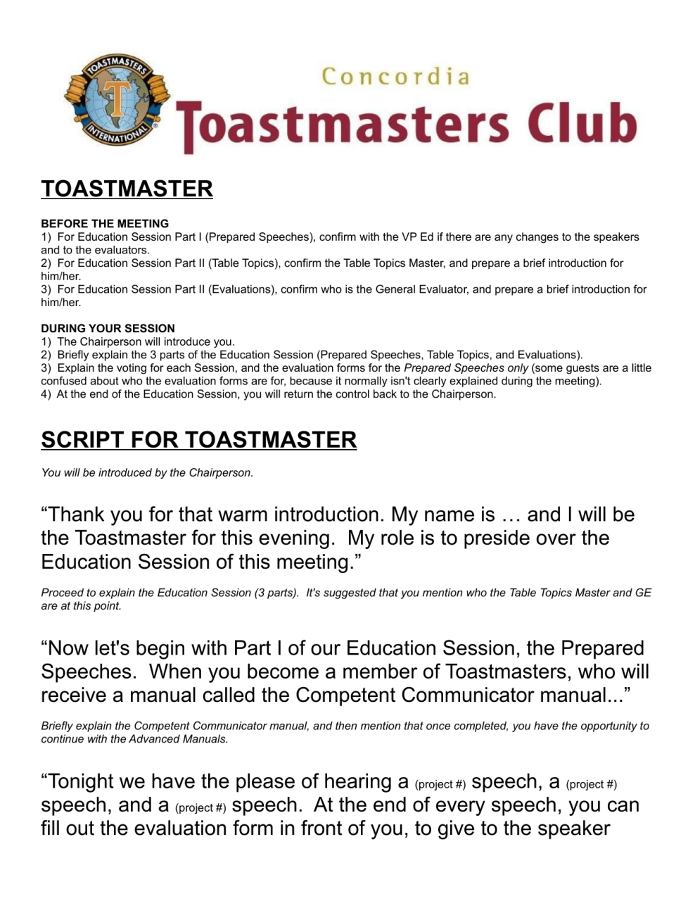 Toastmasters Table Topics Master Script Awesome Home