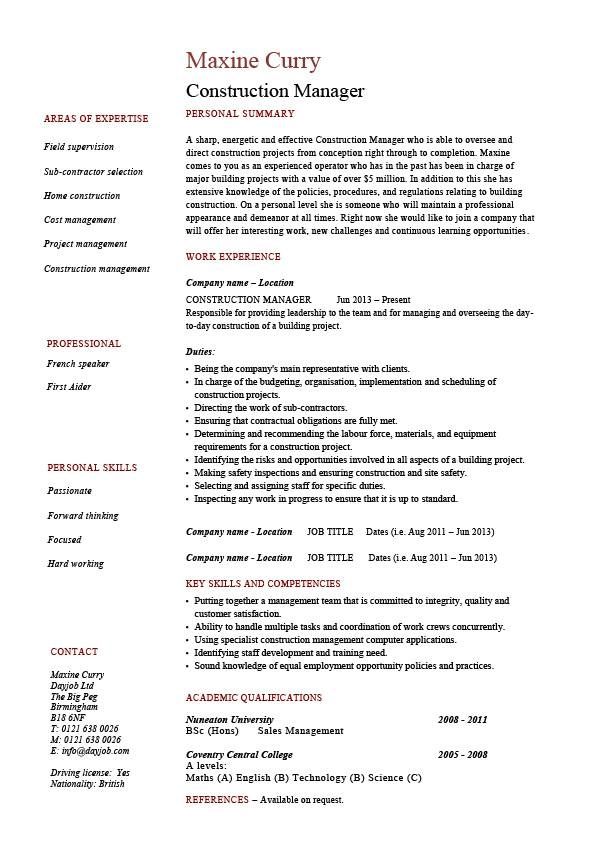 construction manager cv template building industry Project manager
