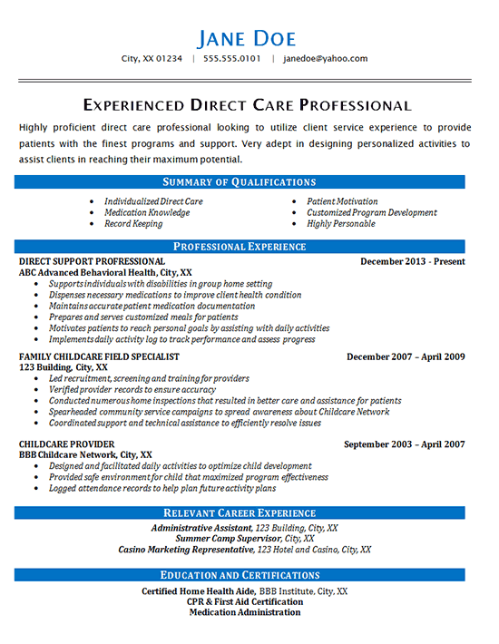 Direct Care Resume Example Health Care Patients