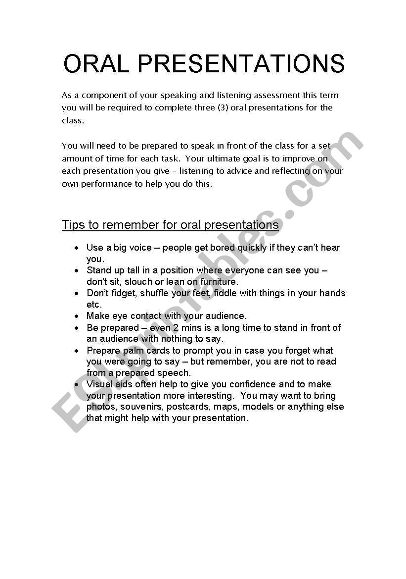 Oral Presentation Outline ESL worksheet by angelaalide