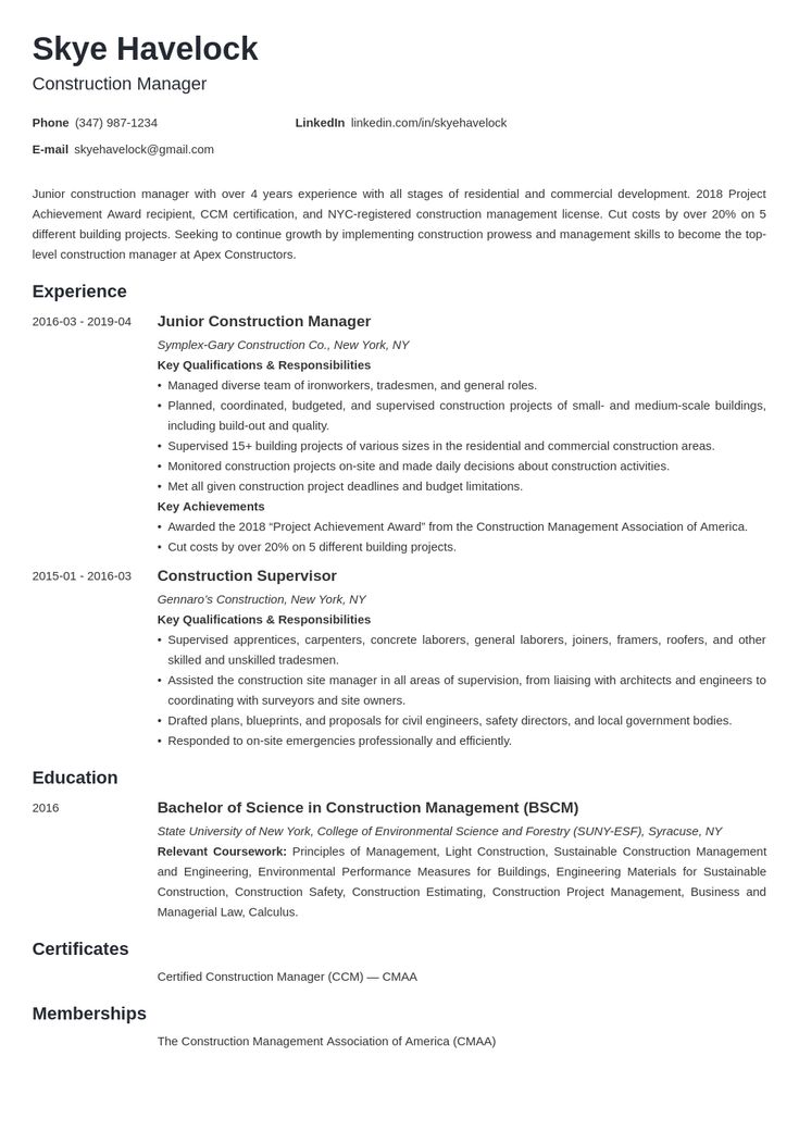 construction manager resume example template minimo Resume examples