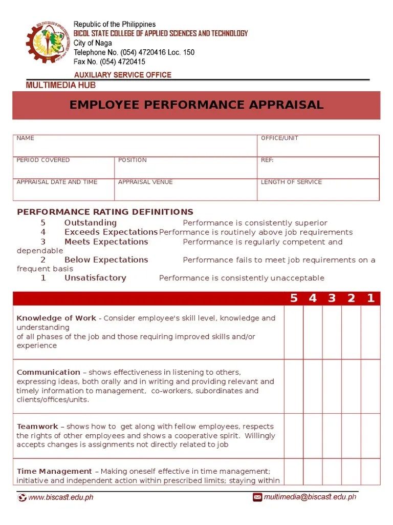 Sample Appraisal Form for Employees Performance Appraisal Time