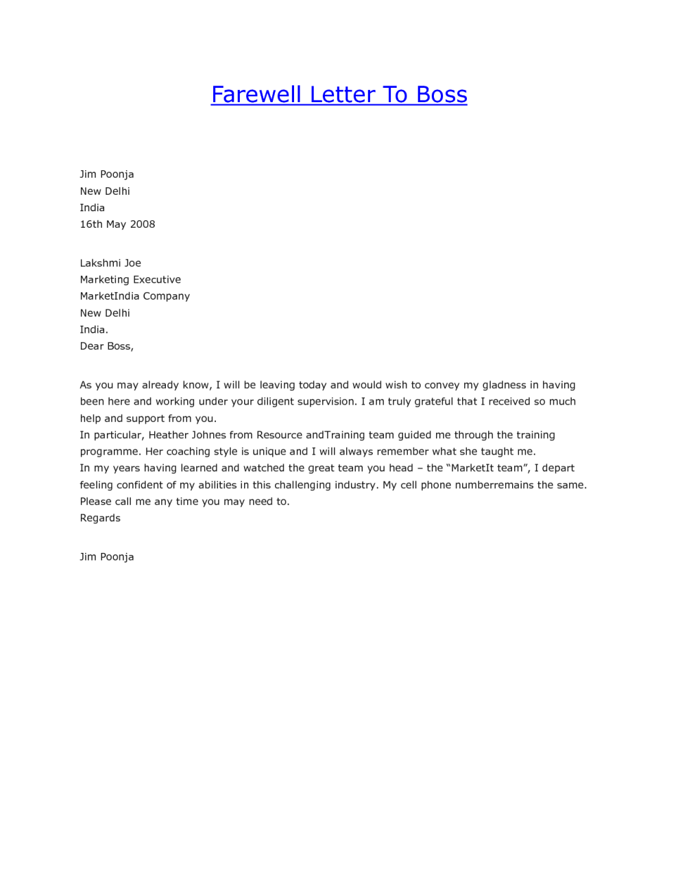 Goodbye Letter to Boss Sample Message to write in Goodbye Letter To