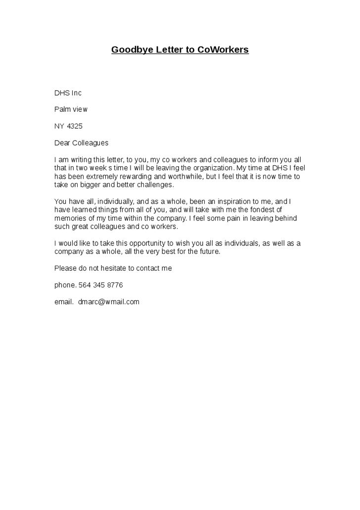 goodbye letter to coworkers how to format cover letter Goodbye letter