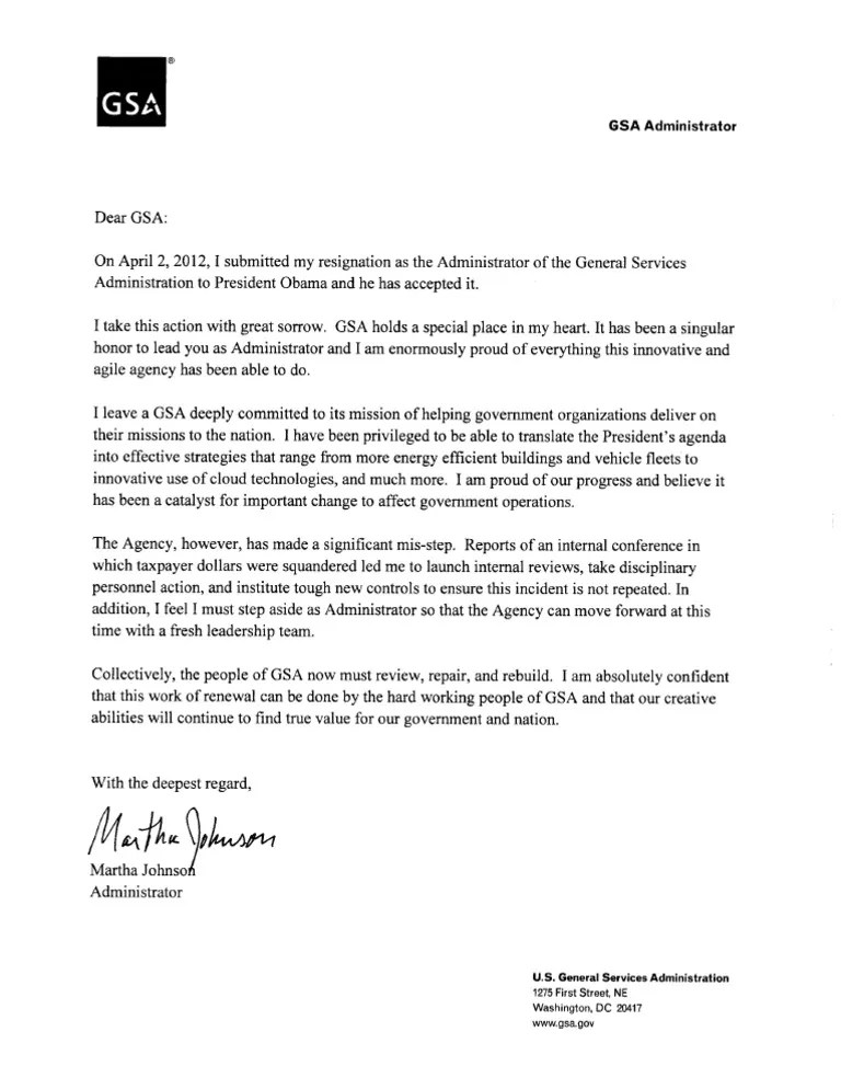 Martha Johnson Resignation Letter