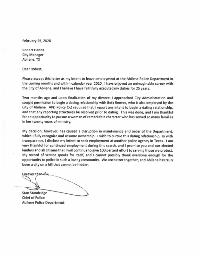 Abilene Police Chief Stan Standridge's Resignation Letter