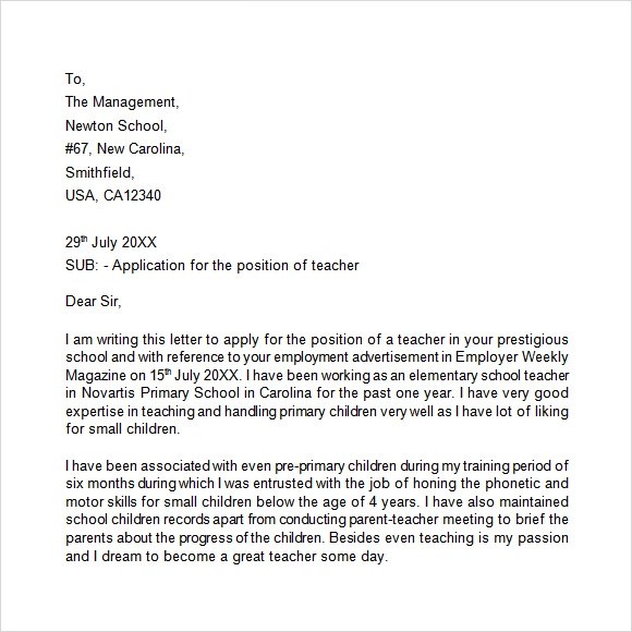 Write An Application Letter For The Position Of A Teacher