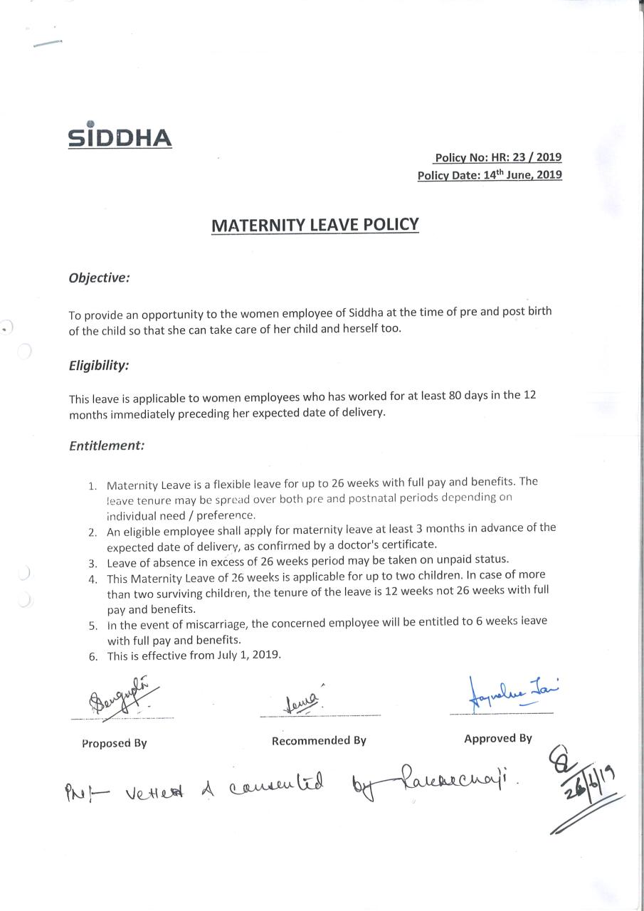 Revised Policy of Maternity Leave Siddha HR