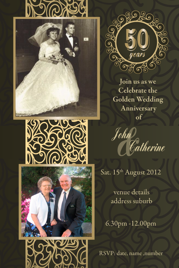 Golden Marriage 50th wedding anniversary invitations, Golden wedding