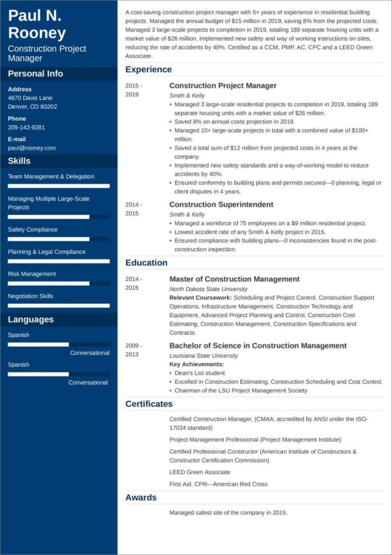Construction Site Manager Cv Examples