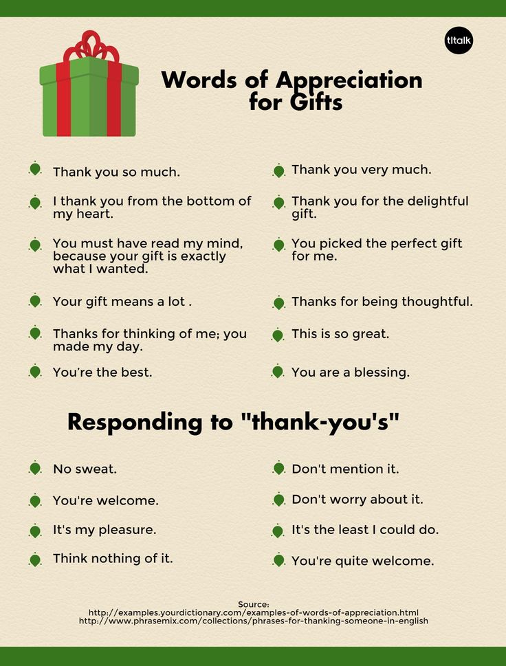 Words of Appreciation for Gifts / Responding to "thankyou's" Ways to say "thank you" and "you