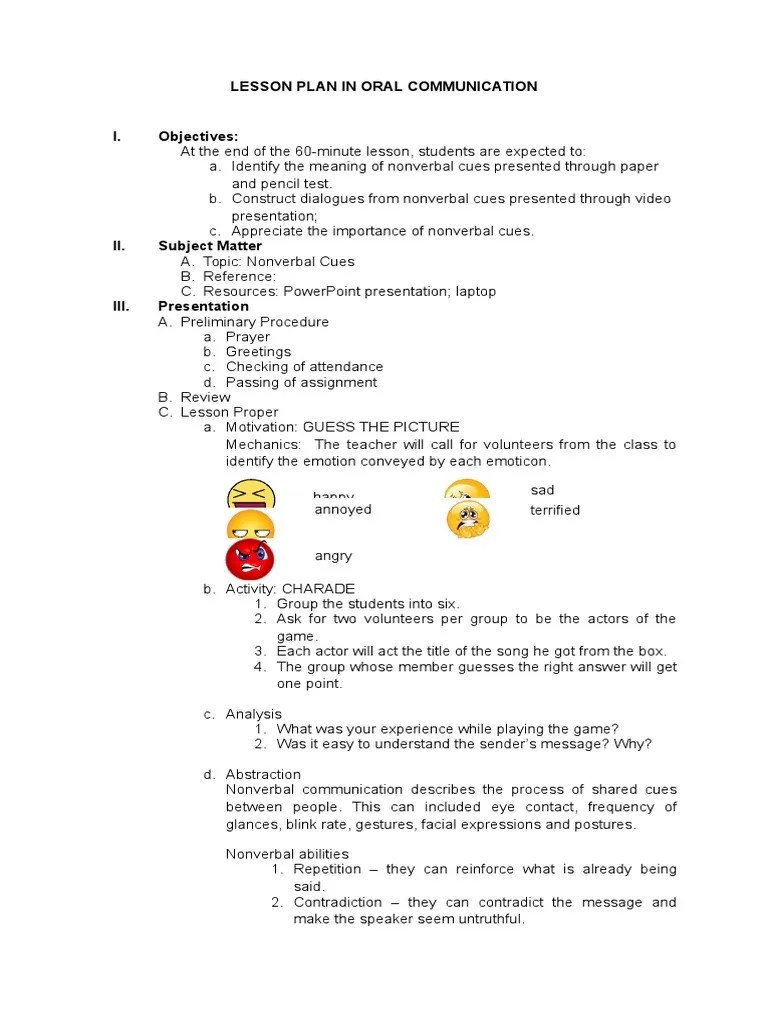Lesson Plan in Oral Communication Nonverbal Communication Communication