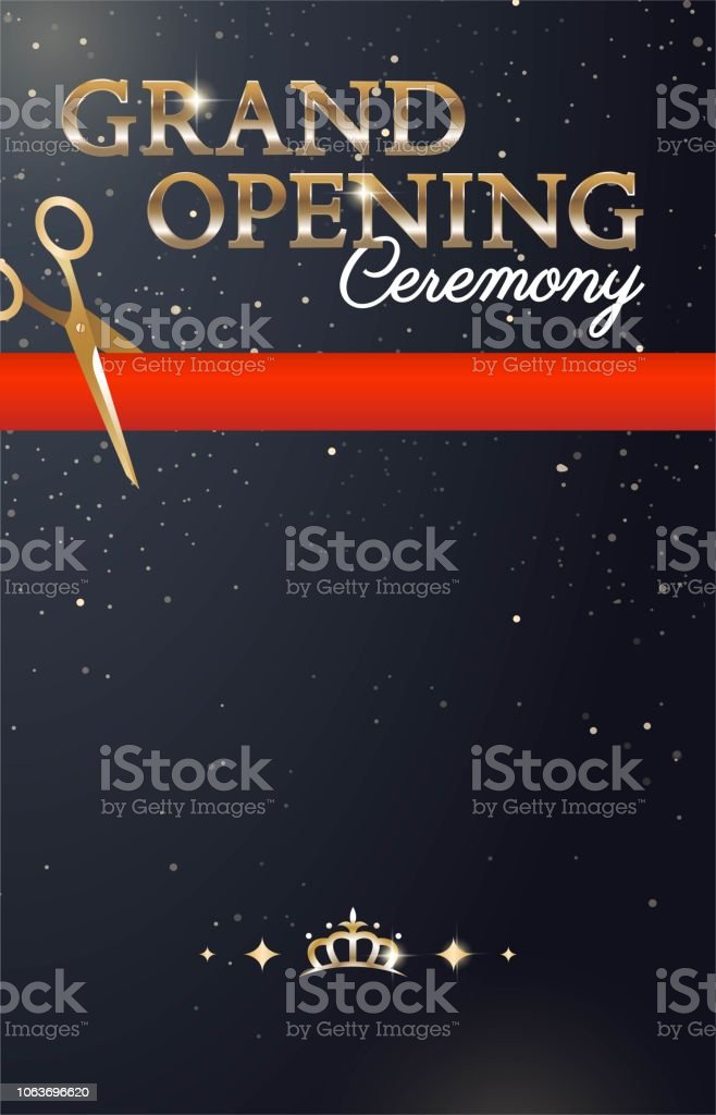 Grand Opening Sparkling Banner With Gold Text And Red Ribbon Stock