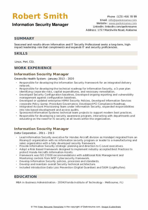 Information Security Manager Resume Samples QwikResume