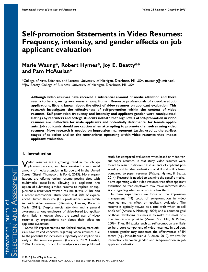 (PDF) Selfpromotion Statements in Video Resumes Frequency, intensity, and gender effects on