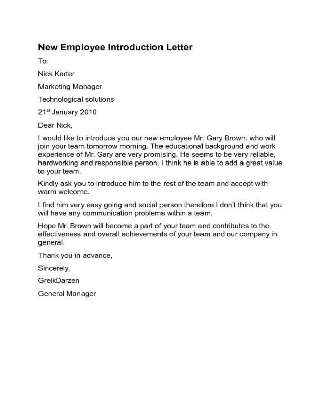 New Employee Introduction Letter Sample Edit, Fill, Sign Online Handypdf