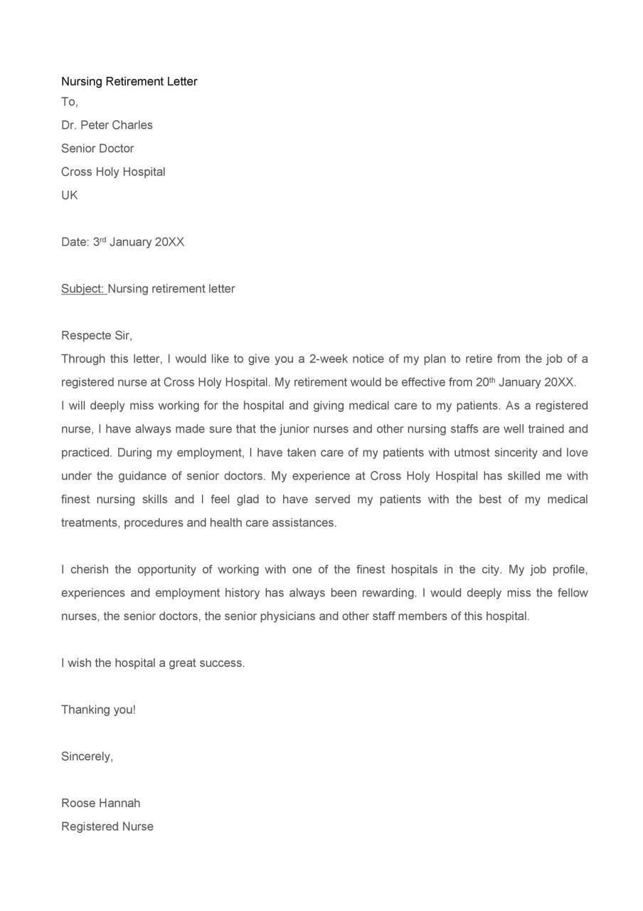 Sample Letter Announcing Resignation Or Retirement Letter Template