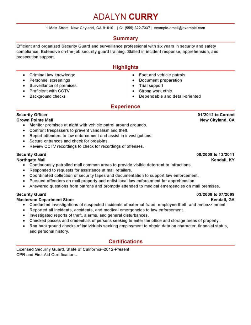 Professional Security Guard Resume Examples Safety & Security