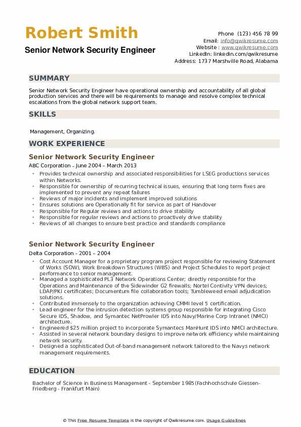 Senior Network Security Engineer Resume Samples QwikResume
