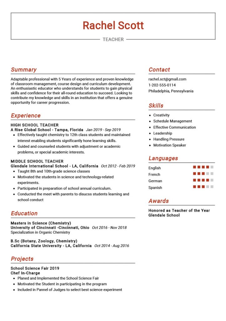 Example Of A Cv For Teaching Job