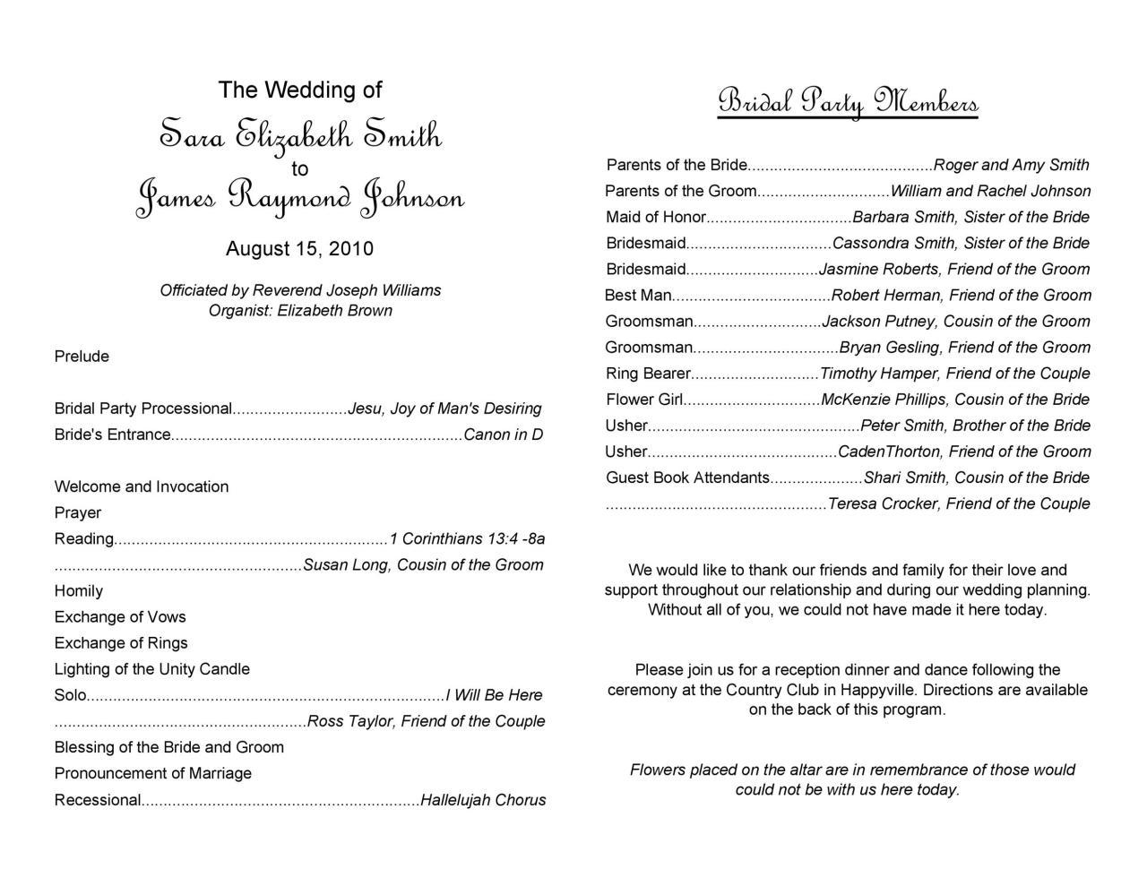 Sample Program For A Wedding Reception