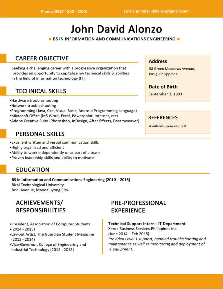 Resume Sample For Engineers Philippines