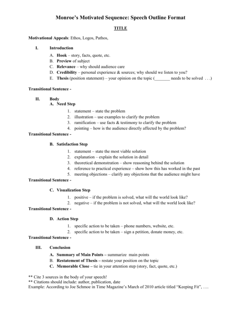 Example Persuasive Speech Outline Using Monroe's Motivated Sequence