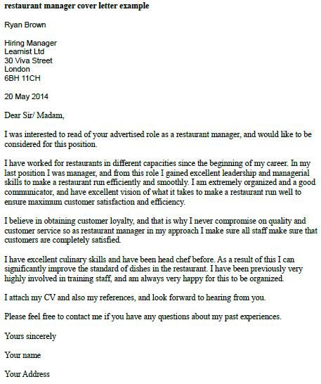 Professional Restaurant Manager Cover Letters