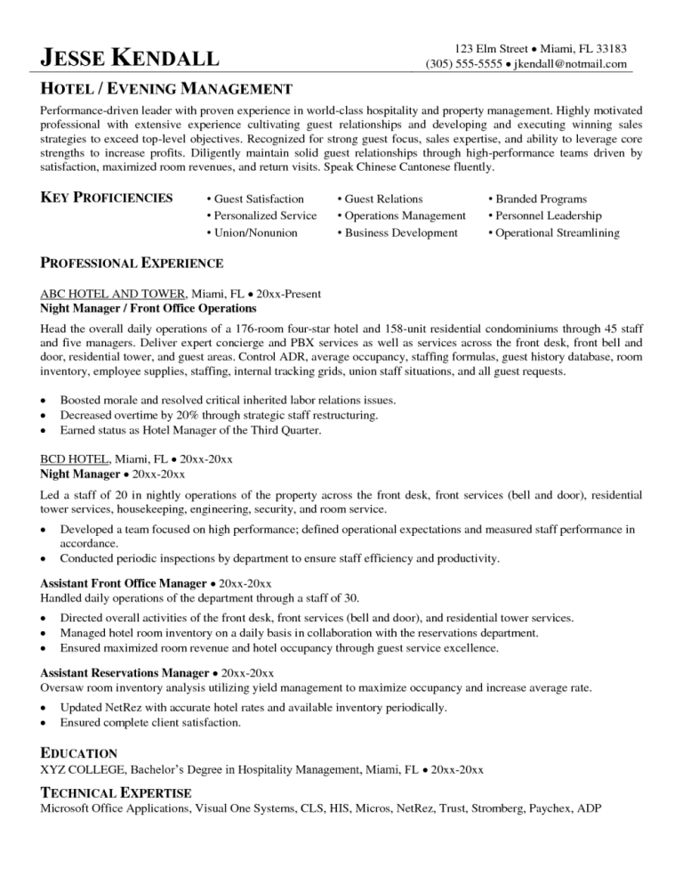 Hospitality Management Resume Examples