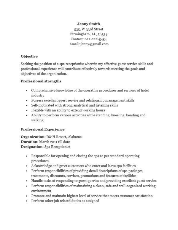 Hotel Receptionist Resume Objective