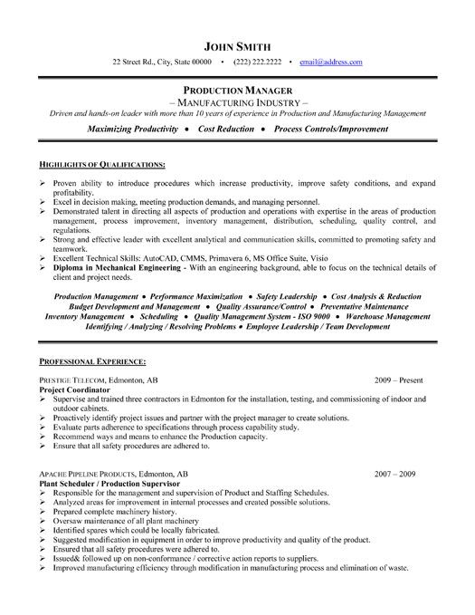 Production Manager Cv Example