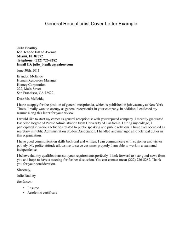 Receptionist Application Letter Sample