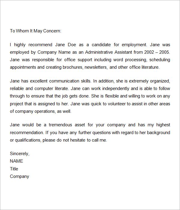 Job Reference Letter Sample For Employee