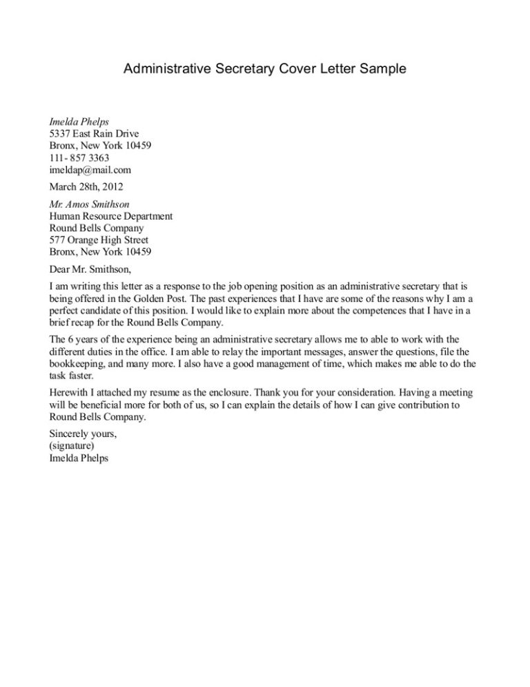 Secretary Cover Letter Example