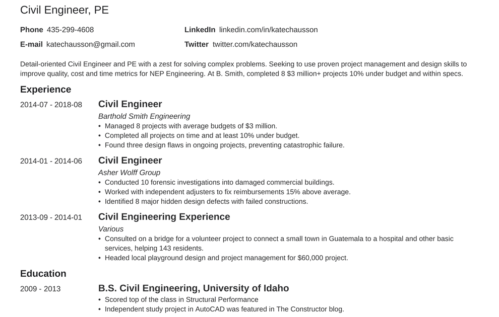 Resume Format For Civil Engineer Fresher / Free 14 Sample Civil