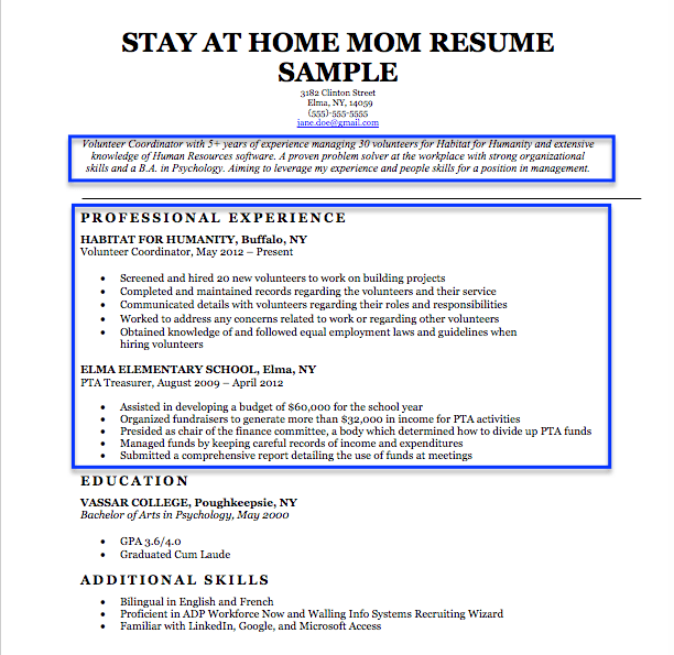 Resumes For Moms Returning To Work Examples