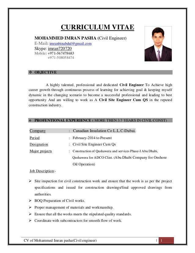 CV of Mohammed Imran pasha(Civil engineer) 1 CURRICULUM VITAE