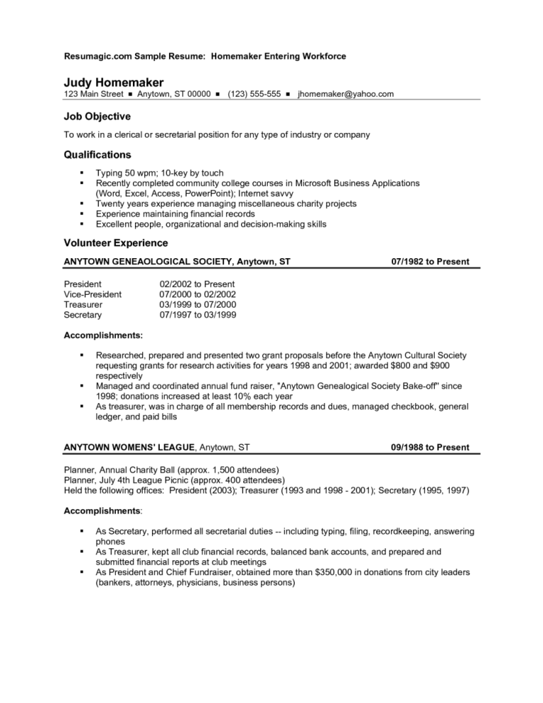 Sample Resume For Stay At Home Mom Returning To Work Examples