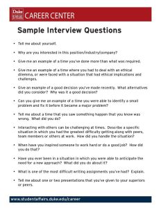 CAREER CENTER Sample Interview Questions • Tell me about yourself