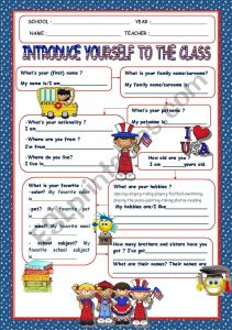 FIRST DAY OF SCHOOL introduce yourself to the class ESL worksheet by