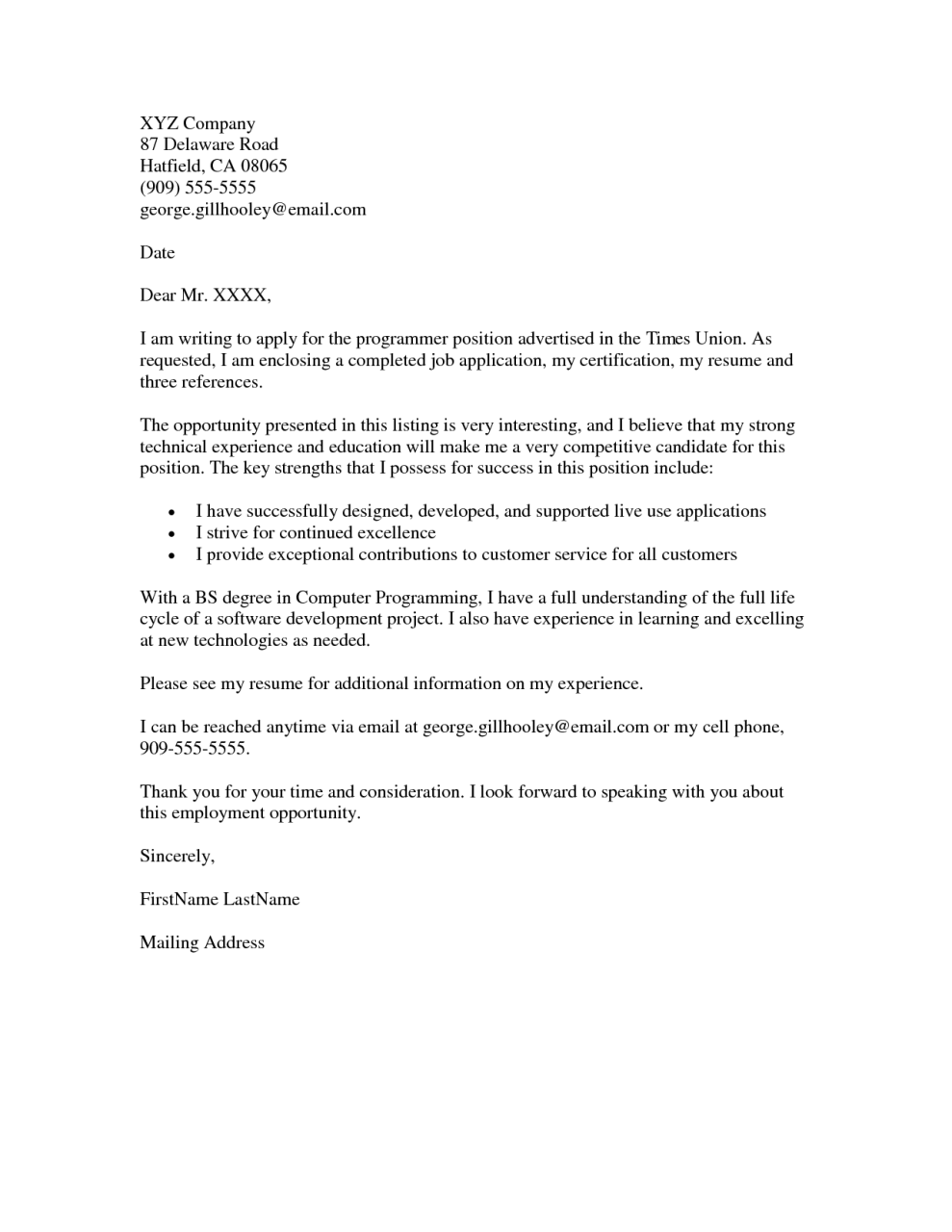 Sample Application Letter For Lectureship