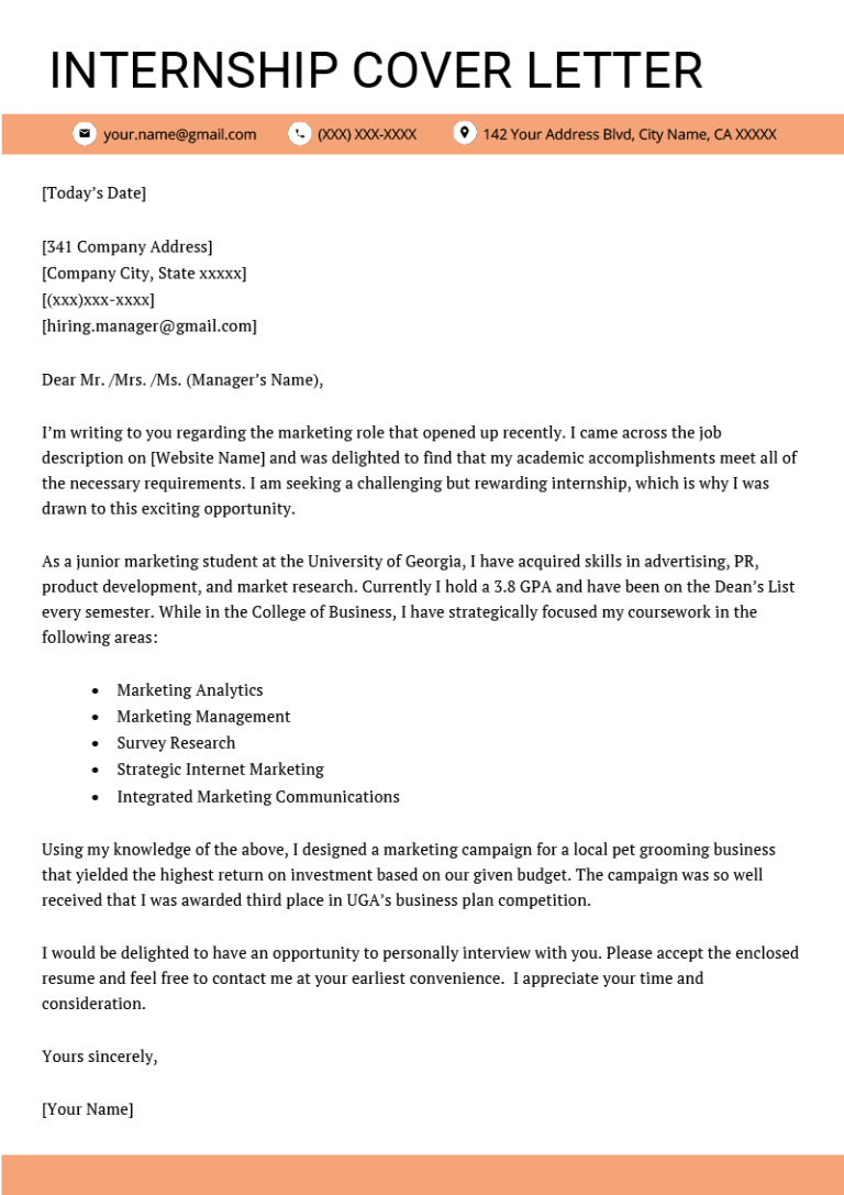 Cover Letter Examples Student Internship