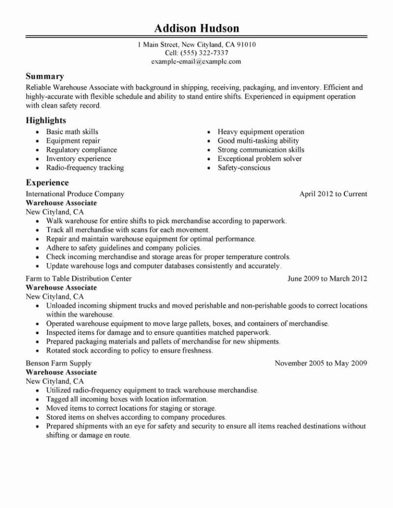 Warehouse Job Resume Skills