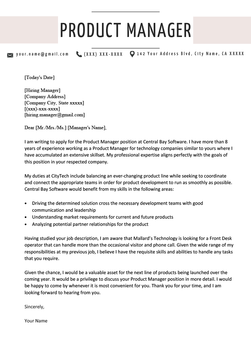 Cover Letter For Product Manager Job Sample