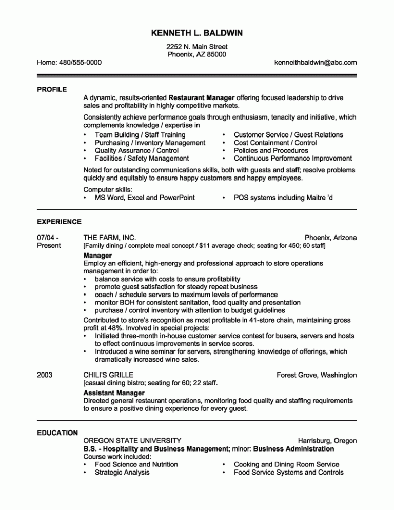 Restaurant Assistant Manager Resume Examples