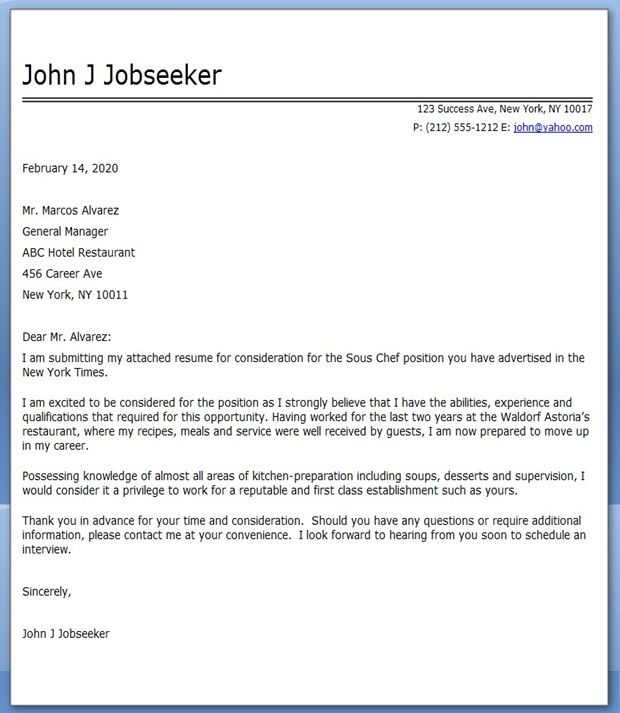 Chef Cover Letter Samples